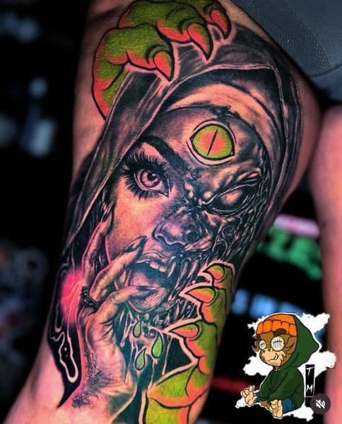 Realism + Surrealism woman tattoo on Thigh by TattedMonkey_Tattoos on TattMe