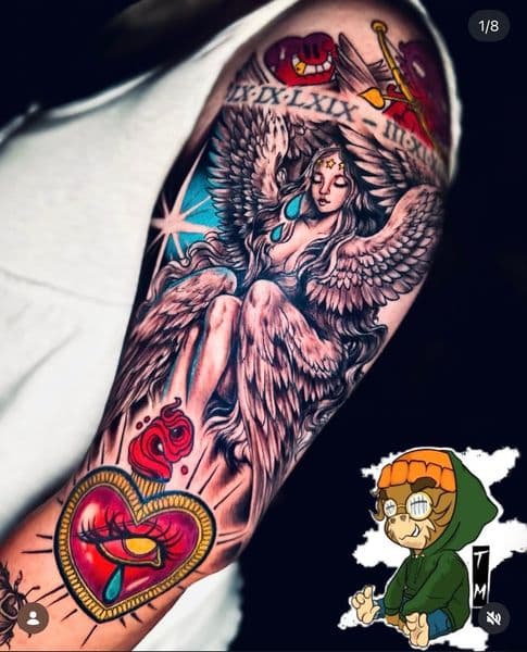 Illustrative + Traditional angel tattoo on Upper Arm by TattedMonkey_Tattoos on TattMe
