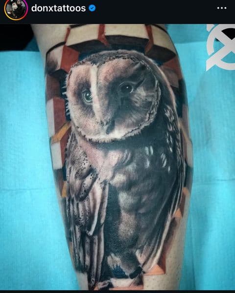 Realism + Color owl tattoo on Calf by DON_X_TATTOOS on TattMe