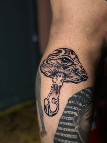 Black & Grey + Illustrative mushroom tattoo on Thigh by DON_X_TATTOOS on TattMe
