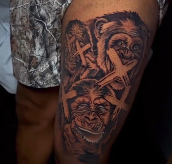 Black & Grey + Realism monkeys tattoo on Thigh by DON_X_TATTOOS on TattMe