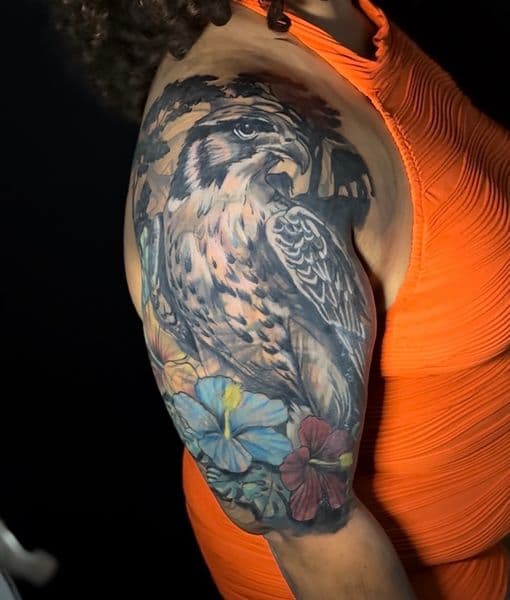 Realism + Black & Grey hawk tattoo on Upper Arm by DON_X_TATTOOS on TattMe