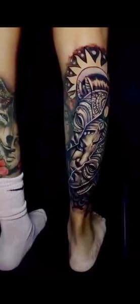 Black & Grey + Illustrative sun tattoo on Calf by DON_X_TATTOOS on TattMe