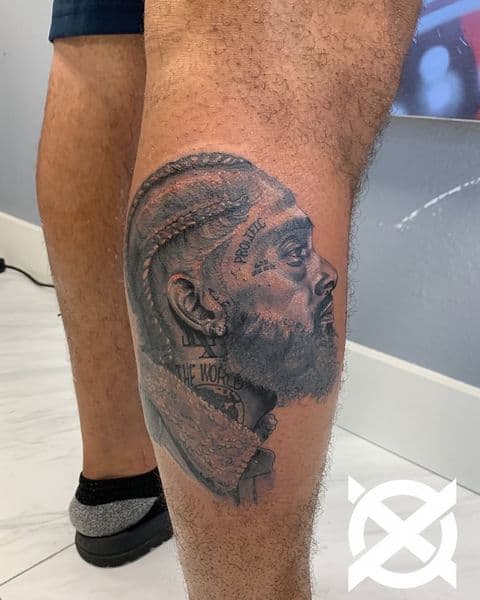 Black & Grey + Realism portrait tattoo on Calf by DON_X_TATTOOS on TattMe