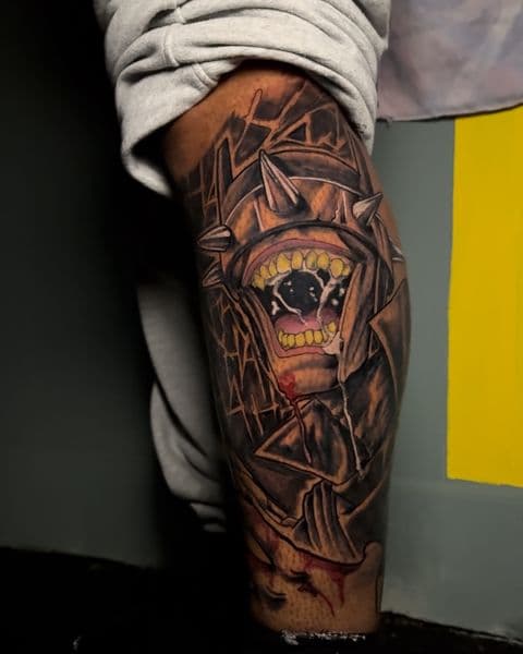 Color + Illustrative monster tattoo on Shin by DON_X_TATTOOS on TattMe