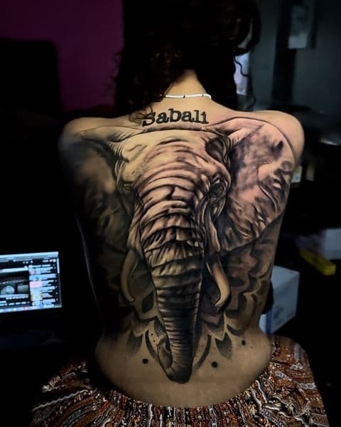 Black & Grey + Realism elephant tattoo on Upper Back by DON_X_TATTOOS on TattMe