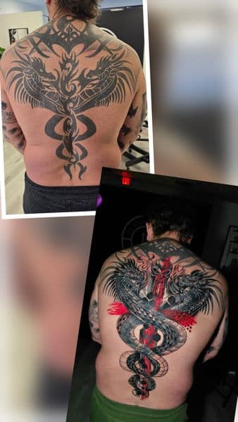 Black & Grey + Color dragons tattoo on Upper Back by Mane_Creation_Studios on TattMe