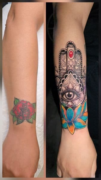 Illustrative + Color hamsa hand tattoo on Forearm by Mane_Creation_Studios on TattMe