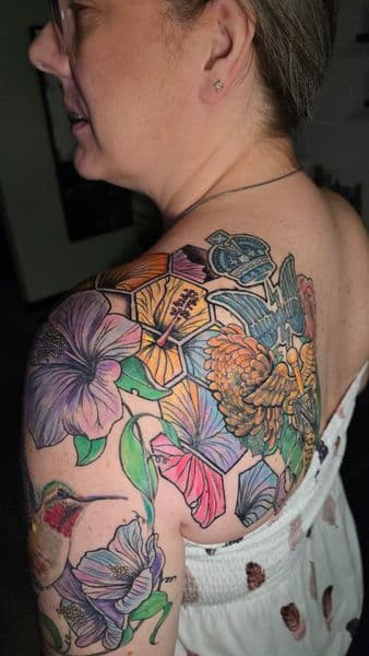 Color + Illustrative hummingbird tattoo on Shoulder by Mane_Creation_Studios on TattMe