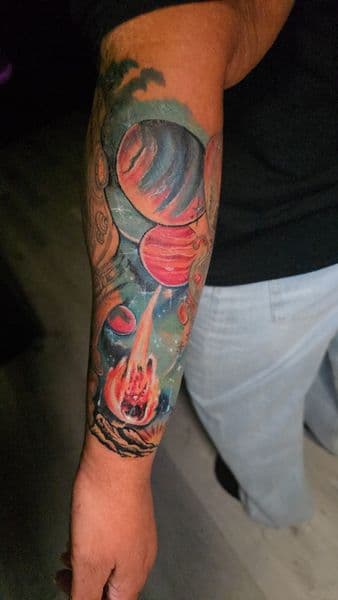 Color + Illustrative planets tattoo on Half Sleeve by Mane_Creation_Studios on TattMe