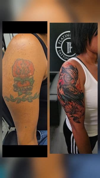 Cover-Ups + Color owl tattoo on Upper Arm by Mane_Creation_Studios on TattMe