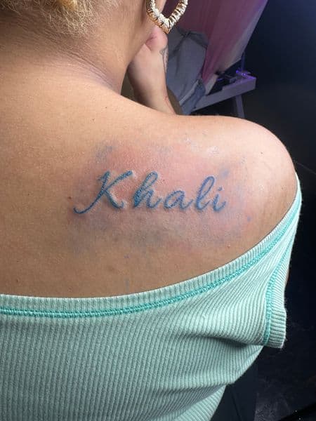 Lettering + Script name tattoo on Shoulder by InkedByJayy on TattMe