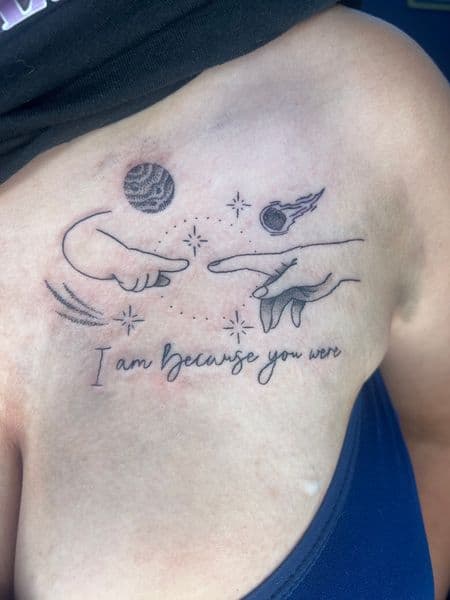 Fine Line + Script hands tattoo on Chest by Spirit on TattMe
