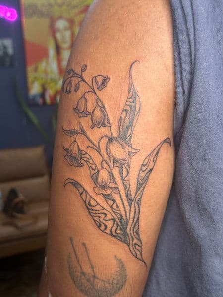 Fine Line + Black-work lily of the valley tattoo on Upper Arm by Spirit on TattMe
