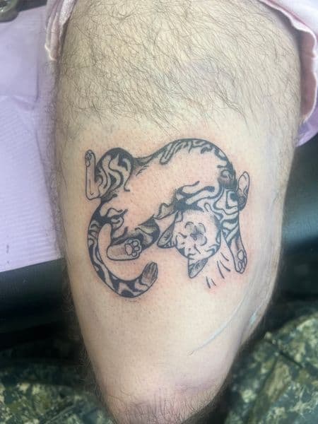 Line-work + Fine Line cats tattoo on Thigh by Spirit on TattMe