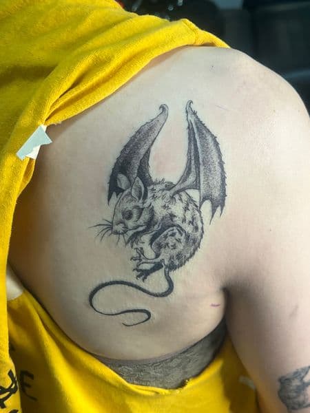 Black & Grey + Illustrative winged mouse tattoo on Shoulder Blade by Spirit on TattMe