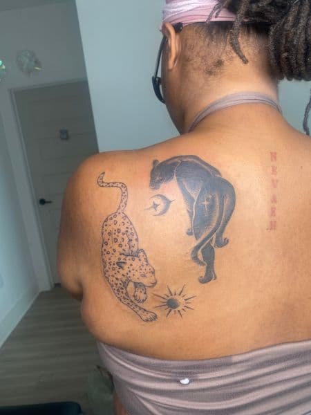 Black-work + Line-work leopard tattoo on Shoulder Blade by Spirit on TattMe