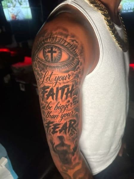 Black & Grey + Illustrative eye tattoo on Half Sleeve by vontattoos on TattMe