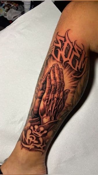Black & Grey + Realism praying hands tattoo on Calf by vontattoos on TattMe