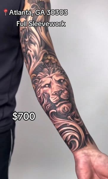 Realism + Black & Grey lion tattoo on Full Sleeve by vontattoos on TattMe