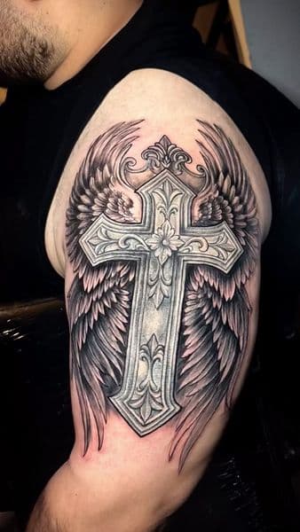 Black & Grey + Realism cross tattoo on Upper Arm by vontattoos on TattMe